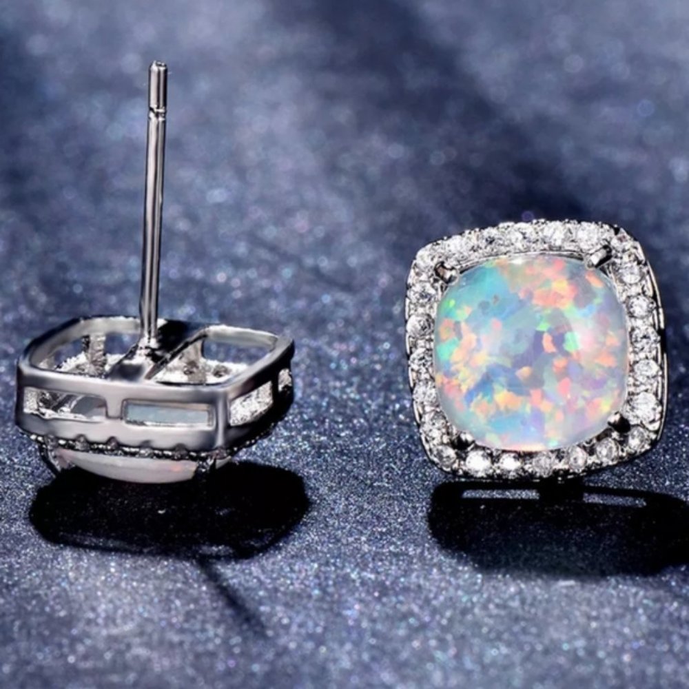 NEW White Gold White Opal Diamond Halo Earrings - Picture 2 of 6